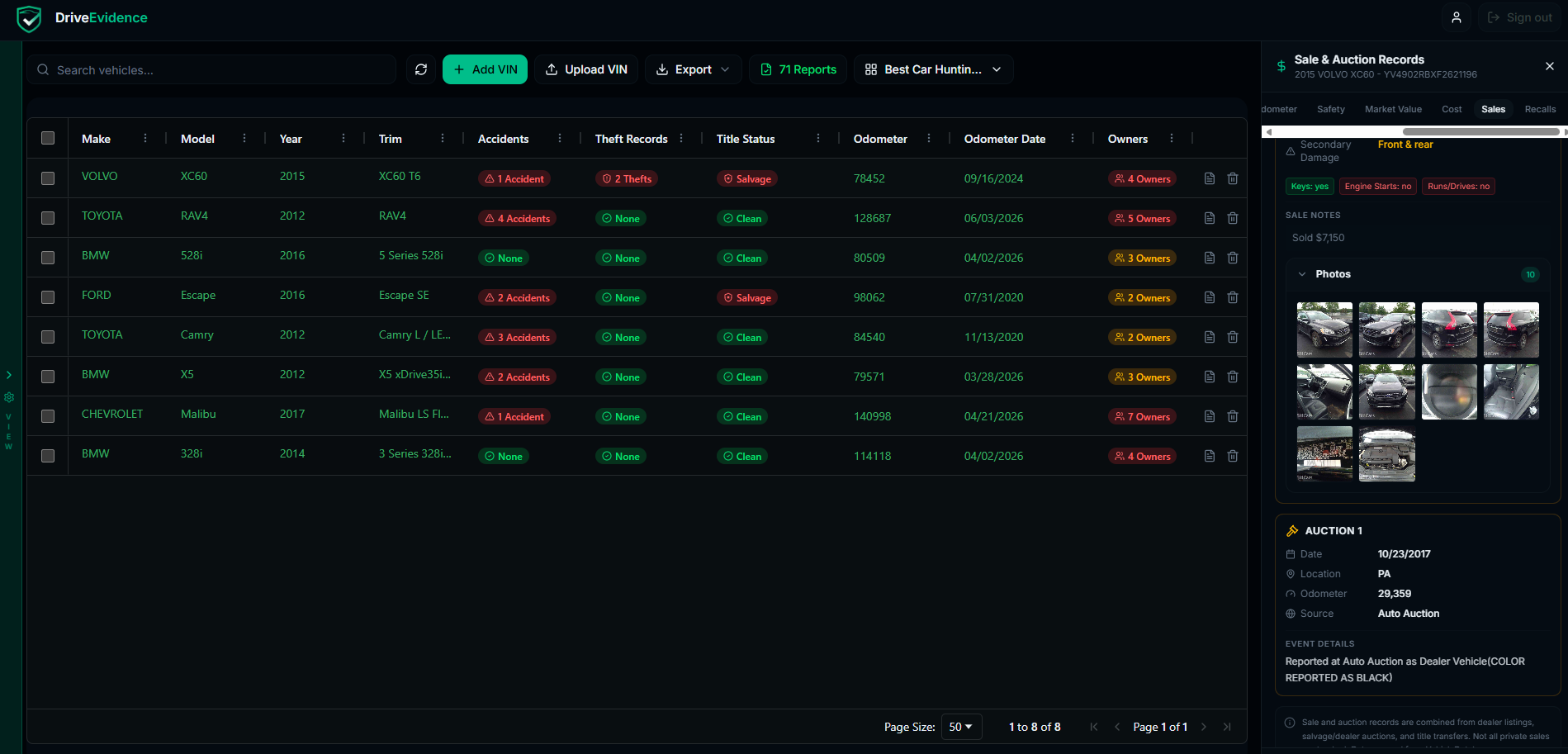DriveEvidence Vehicle Intelligence Report showing vehicle history, risk indicators, and buyer-focused report sections